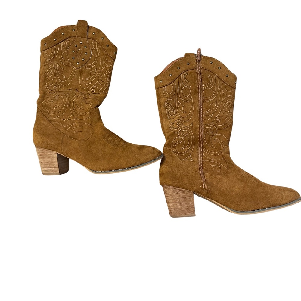 Faux Suede Tan/Brown Embroidered Boots with wooden heel & brass button details - Picture 4 of 8